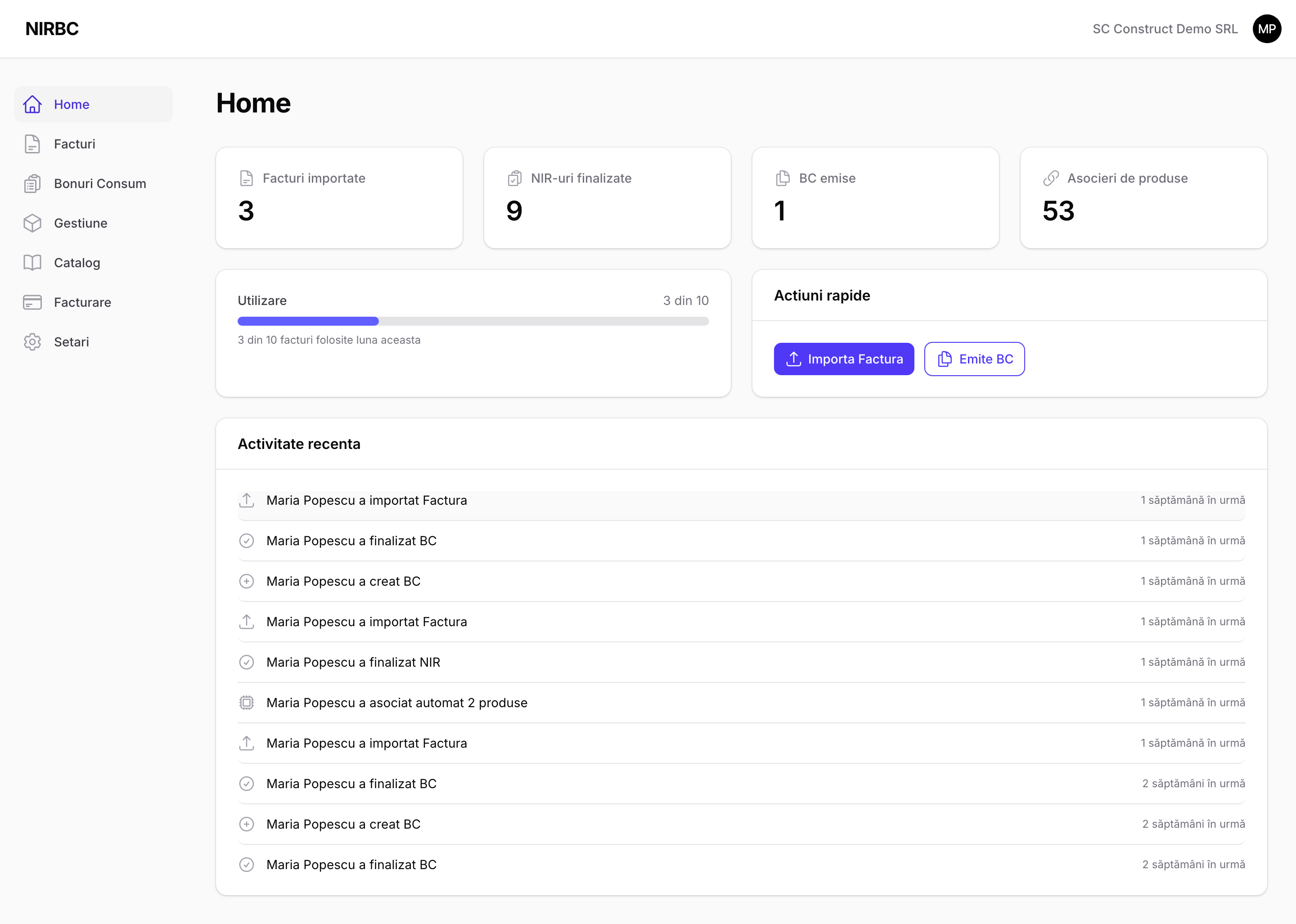 NIRBC — Dashboard cu statistici, activitate recenta si actiuni rapide