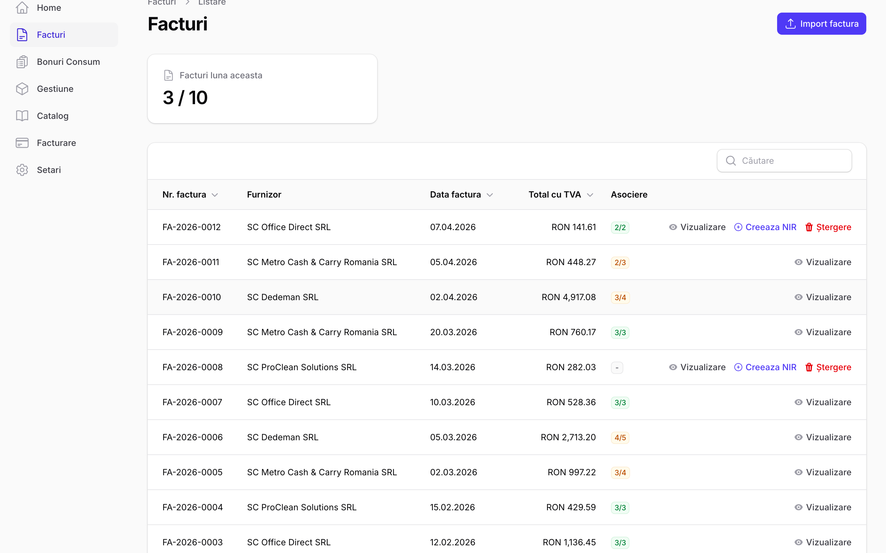 Lista de facturi importate din e-Factura