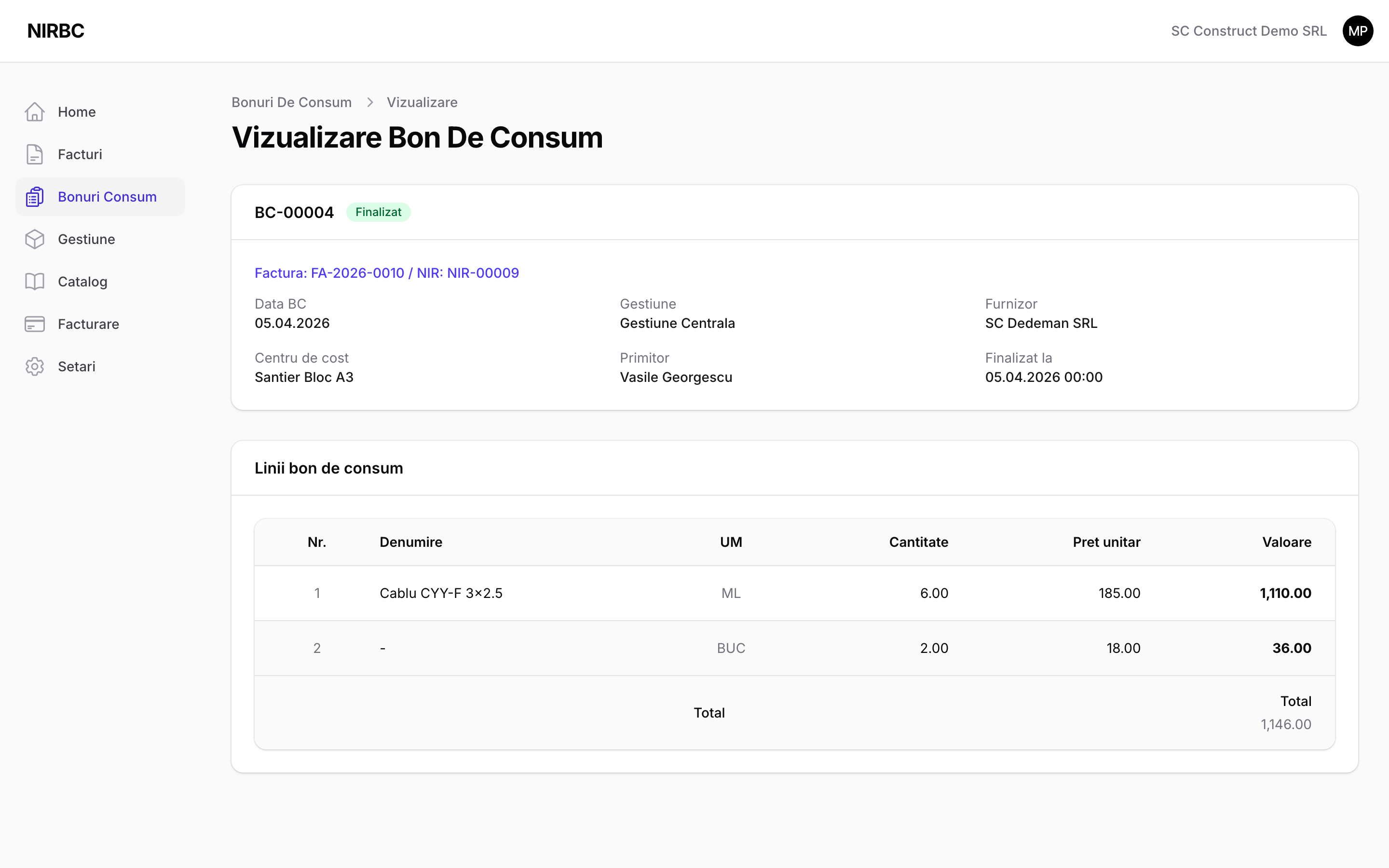 Bon de Consum finalizat cu linii de consum